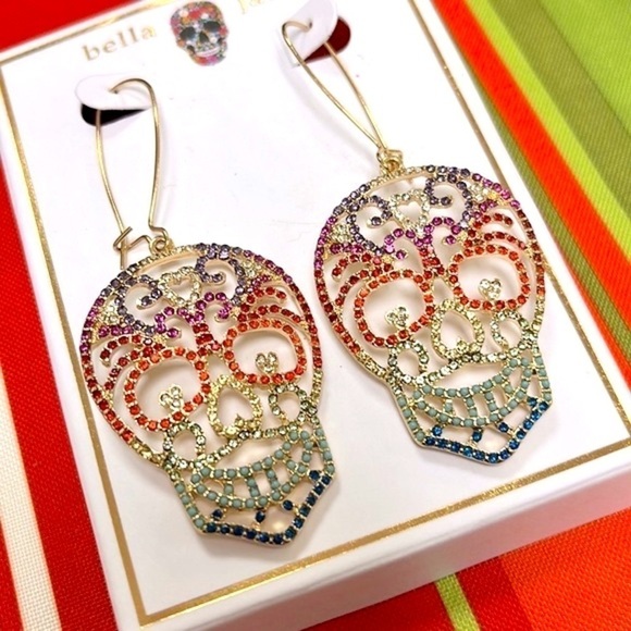 Brand New Bella Jack Colorful Rainbow Halloween Skeleton Skull Drop Earrings - Picture 6 of 13